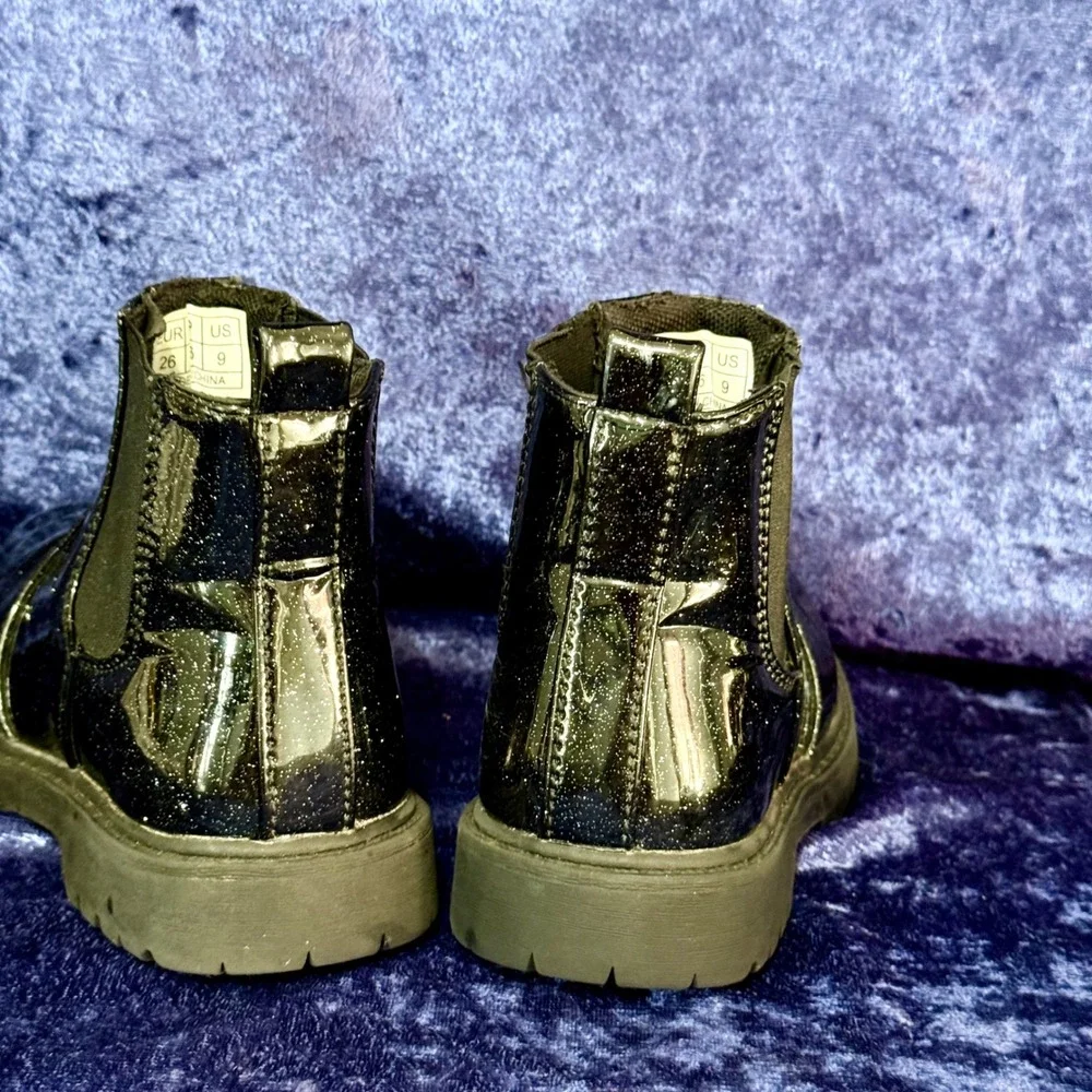 Kids Glitter Chelsea‎ Boots Black Metallic Sparkle Pull On Chunky Sole Size 9